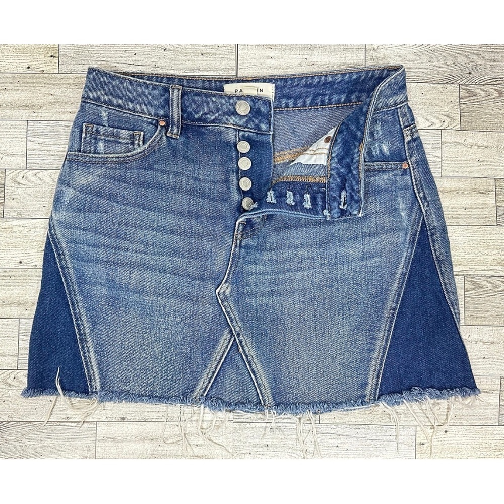 Pacsun Denim Blue Jean MINI skirt Pieced distressed Raw Hem Button fly Sz 25